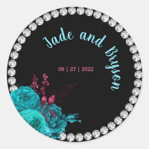 Floral Turquoise and Mauve Elegant Rhinestone   Classic Round Sticker