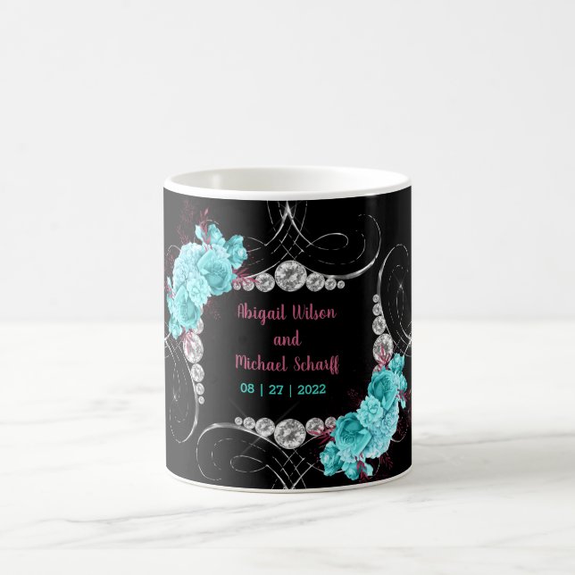 Floral Turquoise and Mauve Elegant Rhinestone  Coffee Mug (Center)