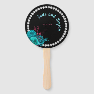 Floral Turquoise and Mauve Elegant Rhinestone Hand Fan