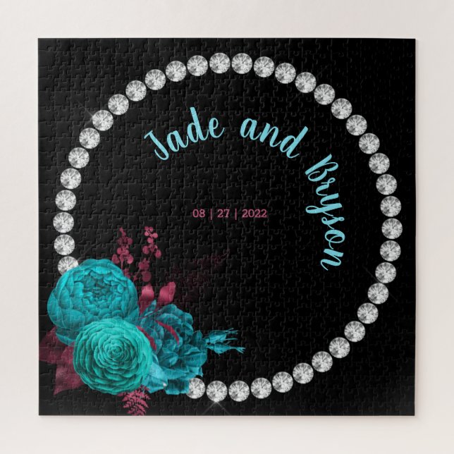 Floral Turquoise and Mauve Elegant Rhinestone   Jigsaw Puzzle (Vertical)