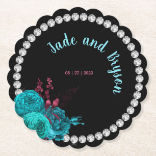 Floral Turquoise and Mauve Elegant Rhinestone    Paper Coaster