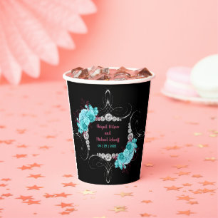 Floral Turquoise and Mauve Elegant Rhinestone Paper Cups
