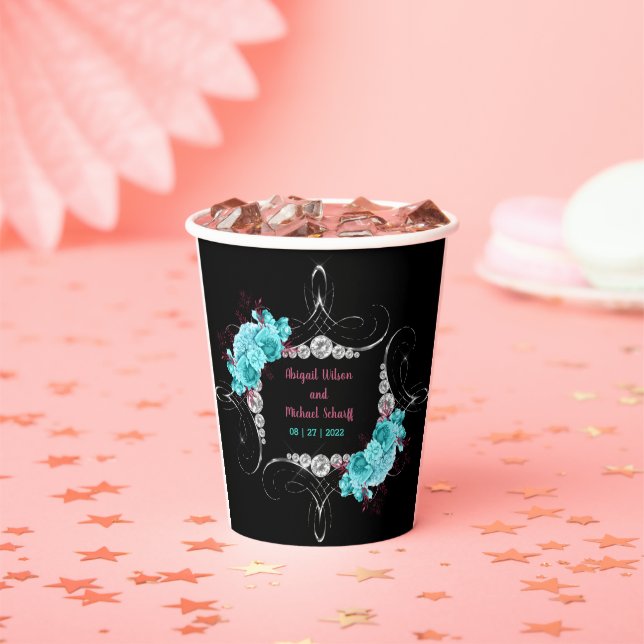Floral Turquoise and Mauve Elegant Rhinestone  Paper Cups (Insitu)