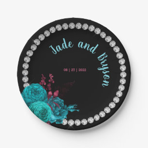 Floral Turquoise and Mauve Elegant Rhinestone  Paper Plate
