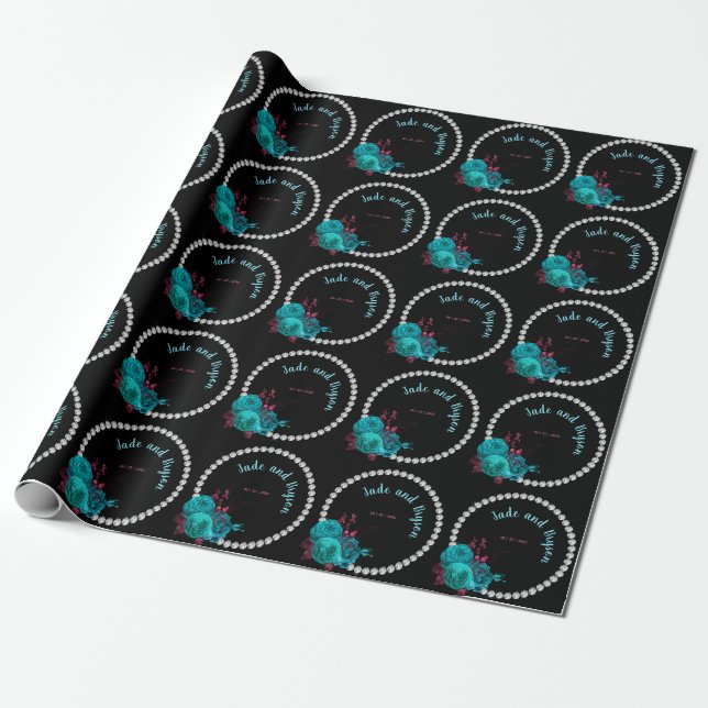 Floral Turquoise and Mauve Elegant Rhinestone    Wrapping Paper (Unrolled)