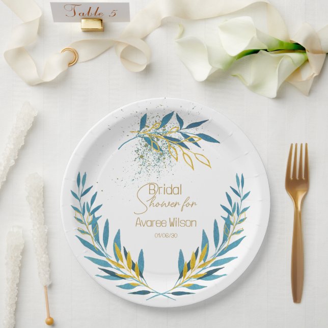 Floral Turquoise Blue and Gold  Paper Plate (Wedding)