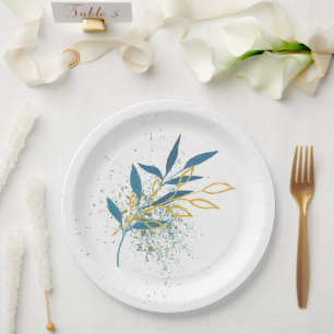Floral Turquoise Blue and Gold Paper Plate