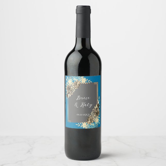 Floral Turquoise Gray & Pale Yellow Wedding Wine Label (Front)