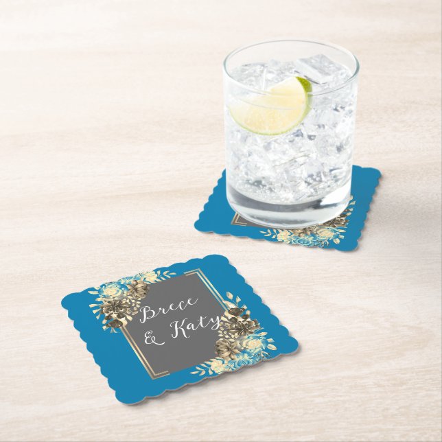 Floral Turquoise Grey & Pale Yellow Wedding Paper Coaster (Insitu)