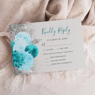 Floral Turquoise Grey Silver Meal Choice Wedding RSVP Card