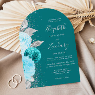 Floral Turquoise Silver Glitter Arch Wedding Invitation
