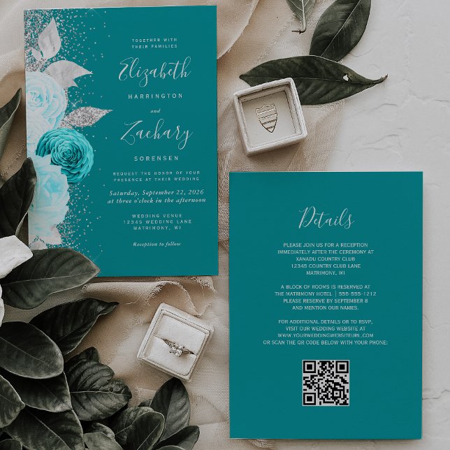 Floral Turquoise Silver Glitter QR Code Wedding Invitation (Creator Uploaded)