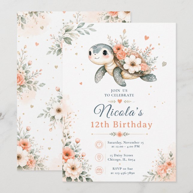 Floral Turtle Birthday Invitation (Front/Back)