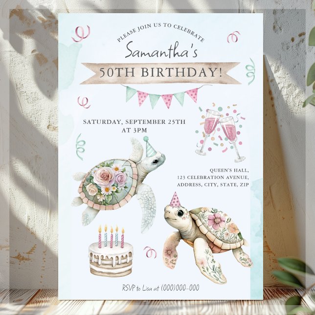 Floral Turtle Birthday Party Invitation (Creator Uploaded)