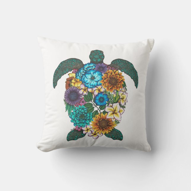 Floral Turtle Colour White Background Cushion (Front)