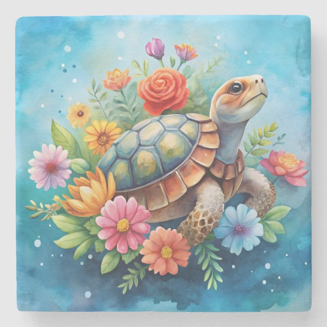 Floral Turtle Stone Coaster (Front)
