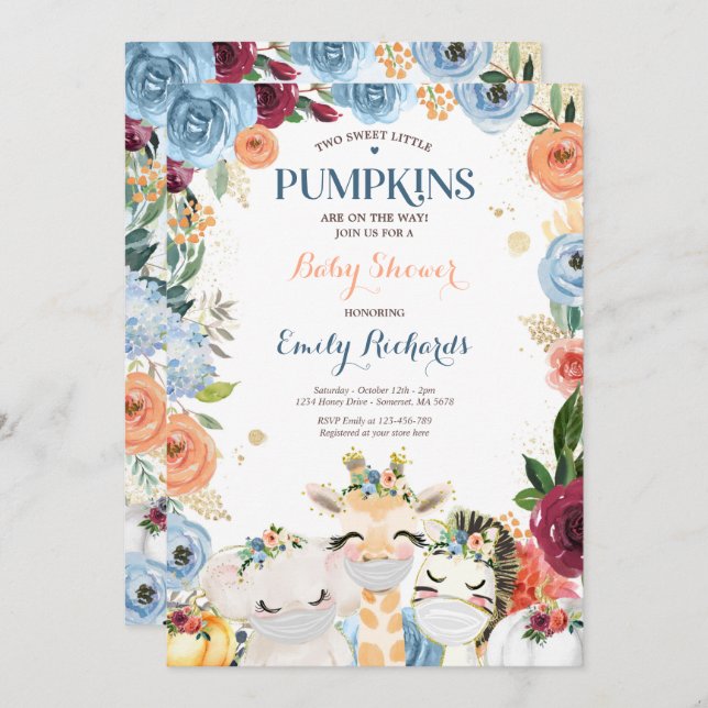 Floral Twin Safari Animals Pumpkin Baby Shower Invitation (Front/Back)