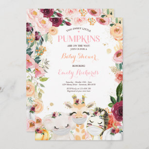 Floral Twin Safari Animals Pumpkin Baby Shower Invitation