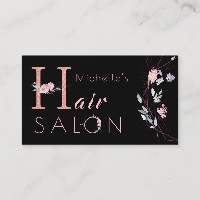 Floral typography glitter pink black glam salon business card (Front)