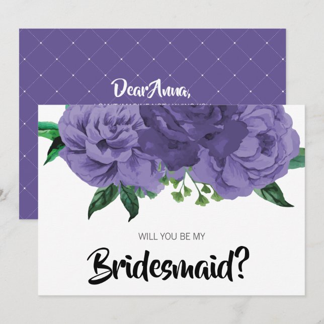 Floral Ultra Violet Purple Be My Bridesmaid Card (Front/Back)