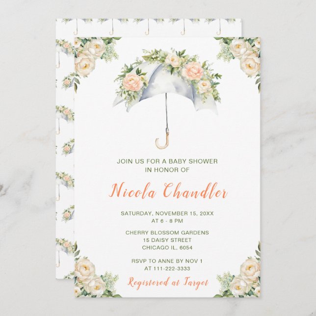 Floral Umbrella Baby Shower Invitation (Front/Back)