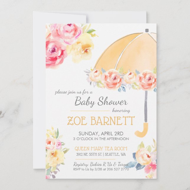 Floral Umbrella Baby Shower Personalise RSVP Invitation (Front)