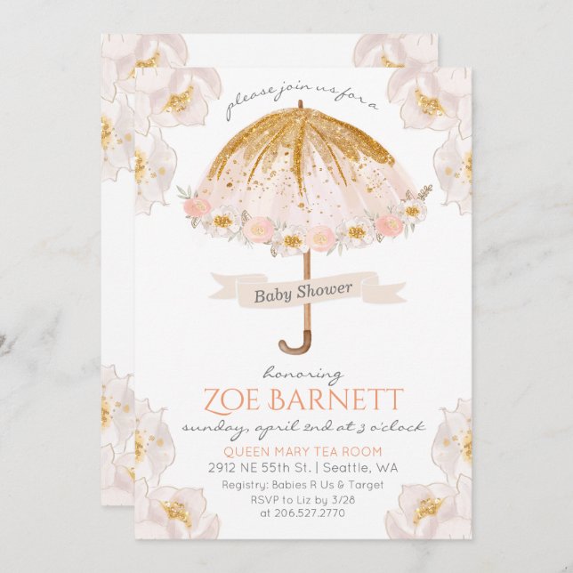 Floral Umbrella Glitter Baby Shower Invitation (Front/Back)