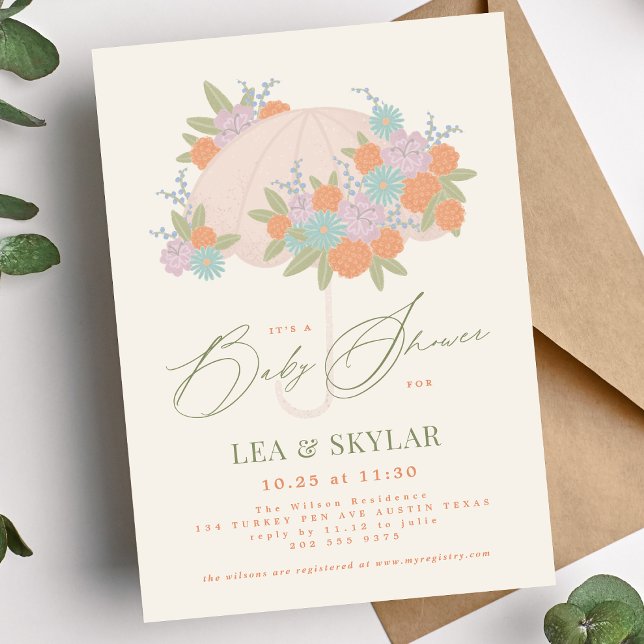 Floral Umbrella Neutral Unisex Baby Shower Invitation (Creator Uploaded)