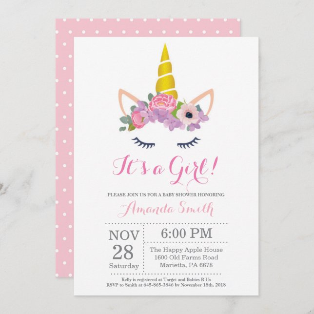 Floral Unicorn Baby Shower Invitation (Front/Back)