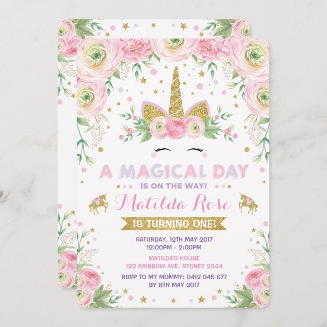 Floral Unicorn Birthday Invitation Pink Gold Party (Front/Back)