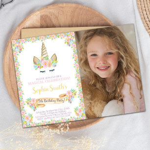 Floral Unicorn Birthday Invitation with Photo