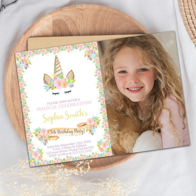 Floral Unicorn Birthday Invitation with Photo (Floral Unicorn Birthday Invitations with photo)