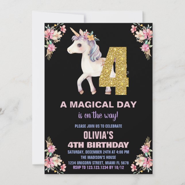 Floral Unicorn Birthday Invitations (Front)