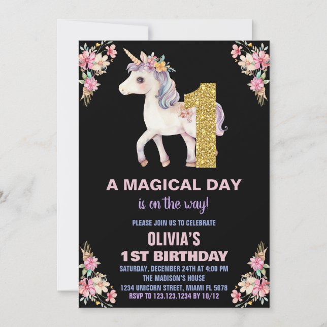 Floral Unicorn Birthday Invitations (Front)