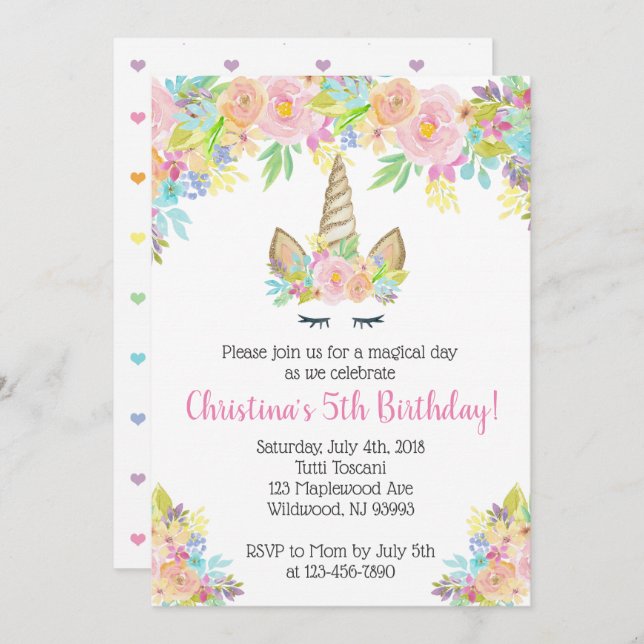 Floral Unicorn Birthday Invitations for Girls (Front/Back)