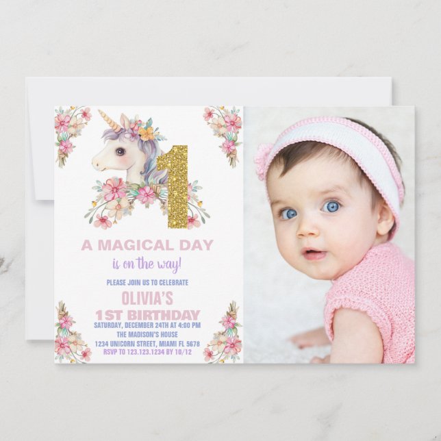 Floral Unicorn Birthday Invitations Glitter (Front)