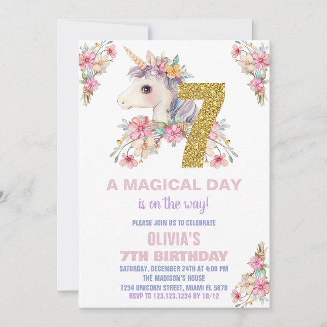 Floral Unicorn Birthday Invitations Glitter (Front)