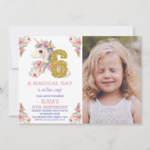 Floral Unicorn Birthday Invitations Glitter photo