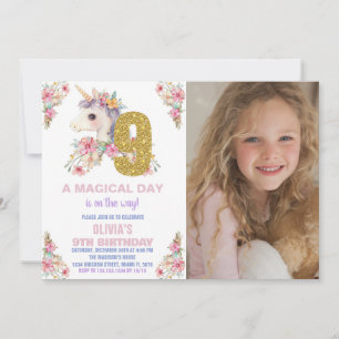 Floral Unicorn Birthday Invitations Glitter photo