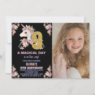 Floral Unicorn Birthday Invitations Glitter photo