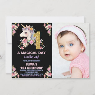 Floral Unicorn Birthday Invitations Glitter photo