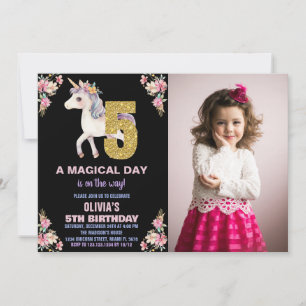 Floral Unicorn Birthday Invitations with photo
