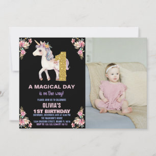 Floral Unicorn Birthday Invitations with photo