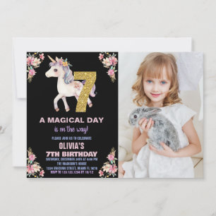 Floral Unicorn Birthday Invitations with photo