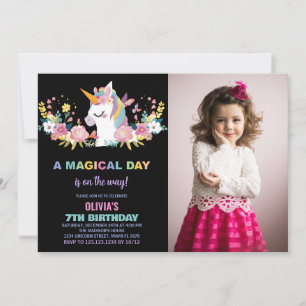 Floral Unicorn Birthday Invitations with photo