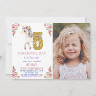 Floral Unicorn Birthday Invitations with photo