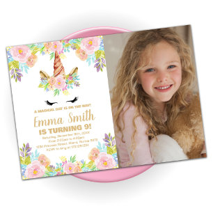 Floral Unicorn Birthday Invitations with photo