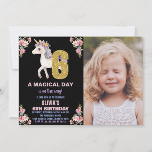 Floral Unicorn Birthday Invitations with photo