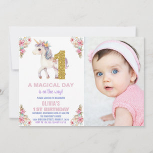 Floral Unicorn Birthday Invitations with photo