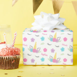 Floral Unicorn Face Birthday Personalised Wrapping Paper
